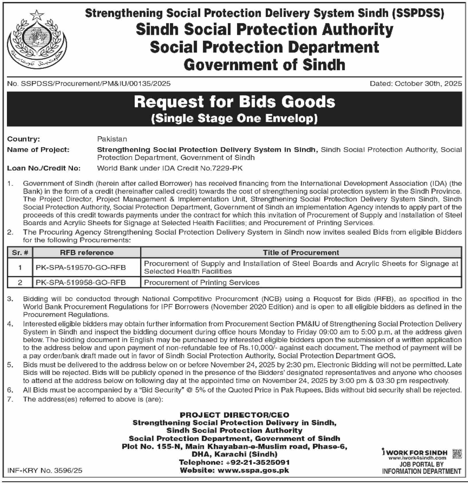 Sindh Social Protection Authority Karachi Tender Notice